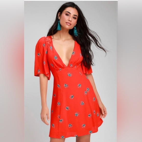 Free People Women's red orange Mockingbird Mesh Inset Mini Dress - Picture 2 of 8